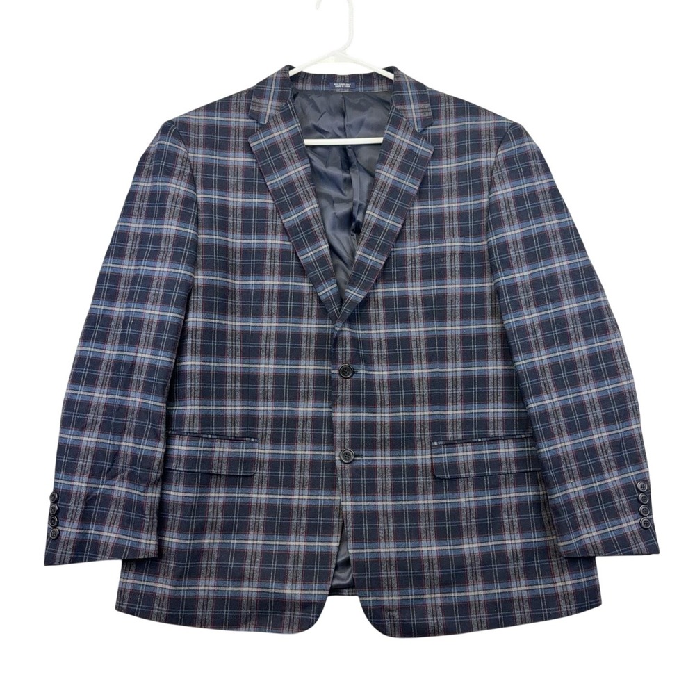 Saddlebred Sport Coat Blazer Mens 44 Short Blue Plaid Cotton Classic Fit Lined